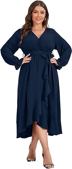 SCOMCHIC Women Plus Size Maxi Dress Long Sleeve Wrap V Neck High Low