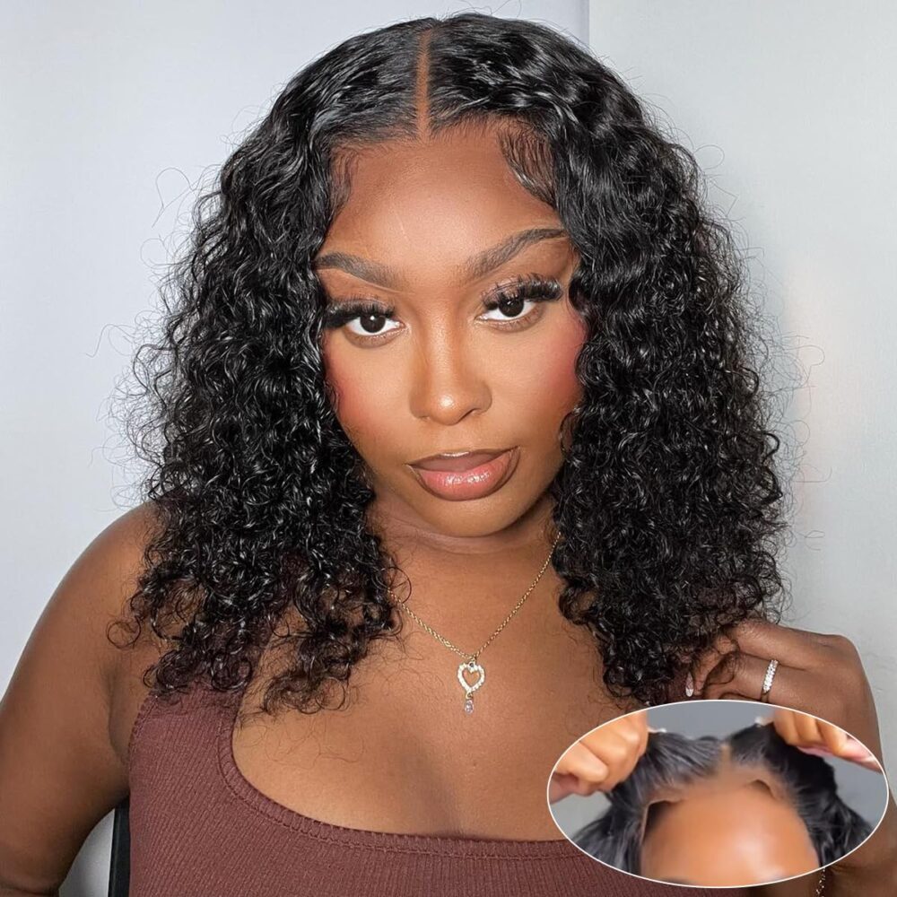 Smilegirl Wear and Go Glueless Wigs Pre Plucked Pre Cut 5x5 HD Lace Closure Wigs Ready to Wear Curly Bob Deep Wave Lace Front Wigs Human Hair Wigs for Black Women 200% Density (12 Inch)