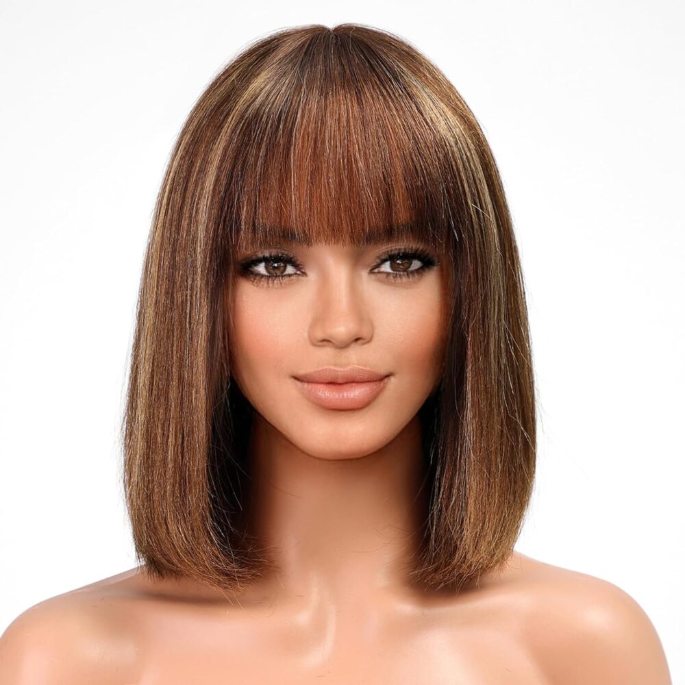 KKU 10 Inch Highlight Ombre Bob Wig with Bangs Human Hair Yaki Straight Bang Bob Wig Glueless 2x1 Lace Scalp Bob Bang 4/27 Wig For Black Women