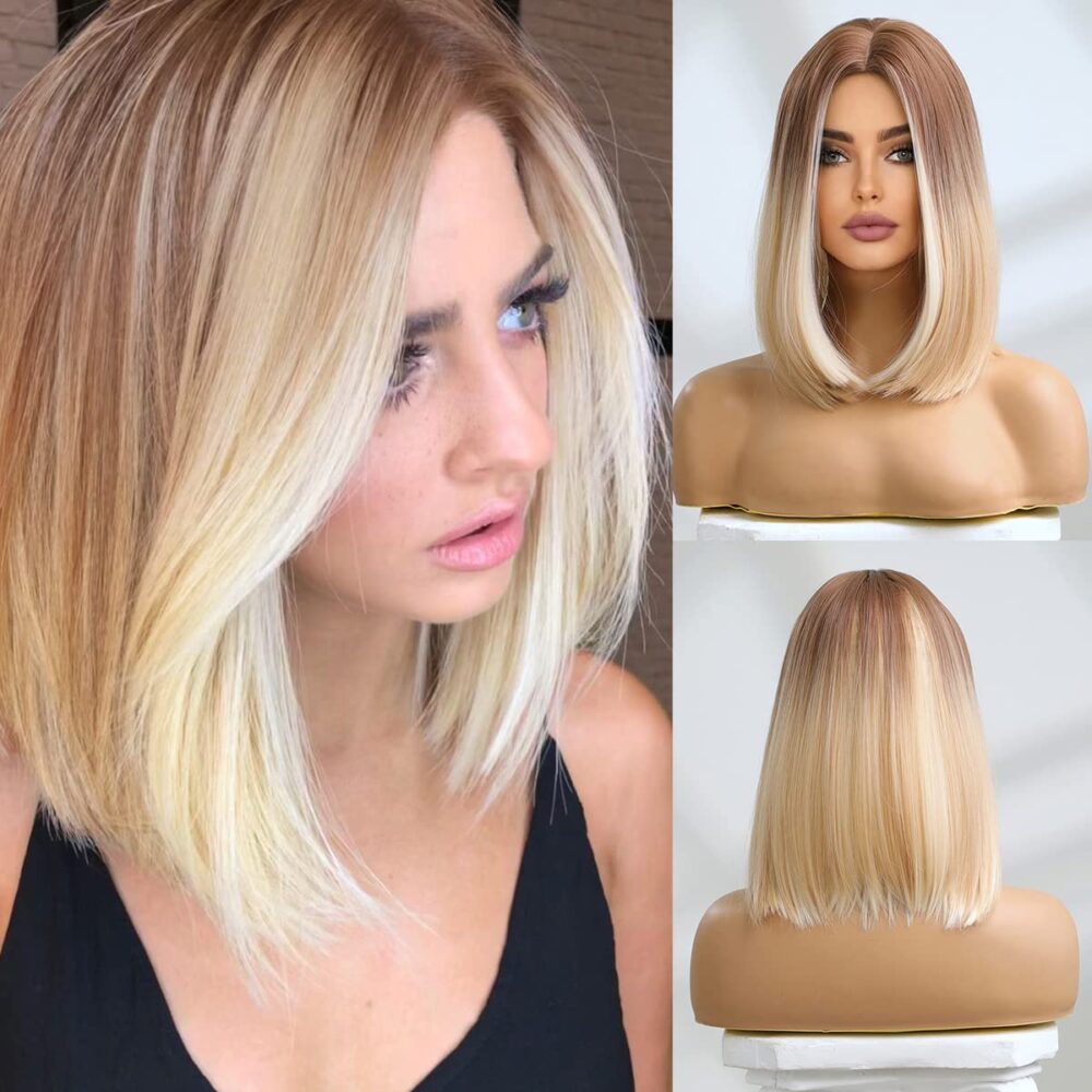 MONLER Blonde Bob Wigs, Omber Platinum Blonde Wigs for Women, Medium length Honey Blonde Wig Natural Looking Middle Part Synthetic Wig, Hair Replacement Highlight Wigs for Daily Cosplay Party Halloween Costume 14 inch