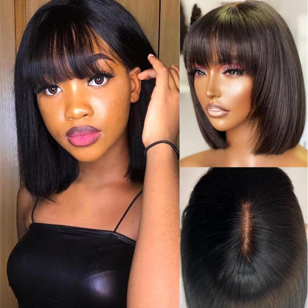 Bob Wigs Human Hair With Bangs Short Bob Straight Bang Wigs Human Hair For Women 150% Density Straight Glueless Bob Lace Frontal Wigs With Bang 10 Inch (14 Inch, Bob With Bangs)