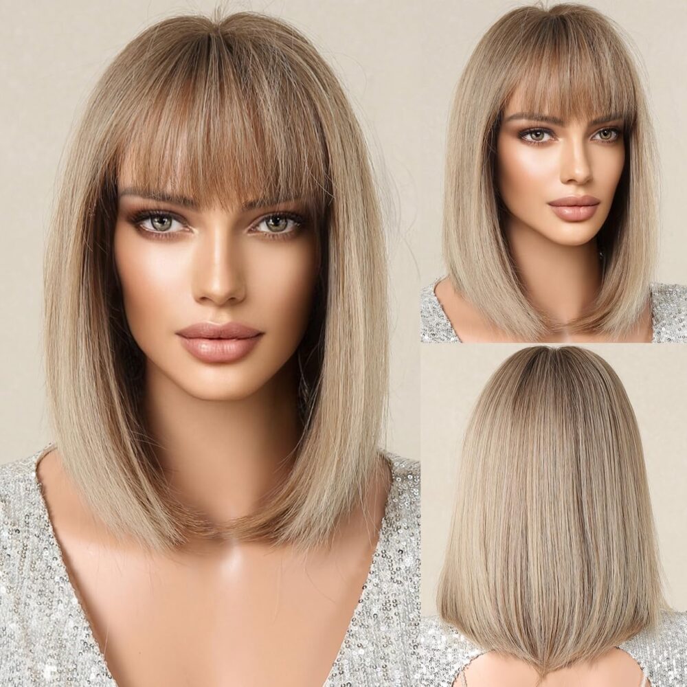Doremiy Bob Ombre Blonde Wig with Bangs Natural Short Straight Wigs for Women Shoulder Length Synthetic Wigs for Daily Cosplay