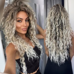 GNIMEGIL Halloween Gifts Ombre Ash Blonde Curly Wig Long Wavy Wigs for White Women Fluffy Synthetic Wig 80s Chrismas Carnival Party Wig Costume for Women Big Volume Brown Shades Blonde