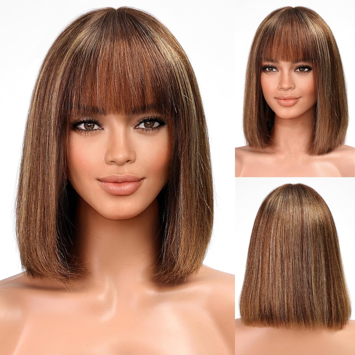 Kku 10 Inch Highlight Ombre Bob Wig With Bangs Human Hair Yaki Straight Bang Bob Wig Glueless 