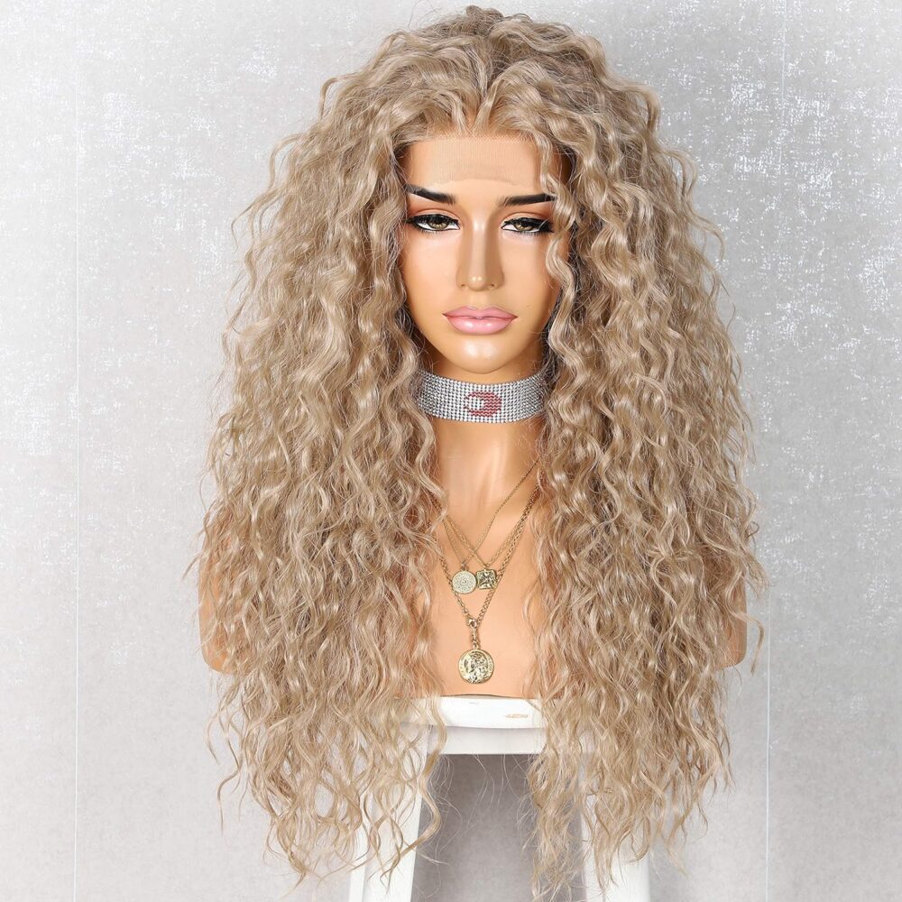 SAPPHIREWIGS Curly Synthetic Lace Front Wigs Deep Curly Wig for Black Women Ash Blonde Wig Glueless Pre Plucked Wigs Heat Resistant Fiber Hair 26inch
